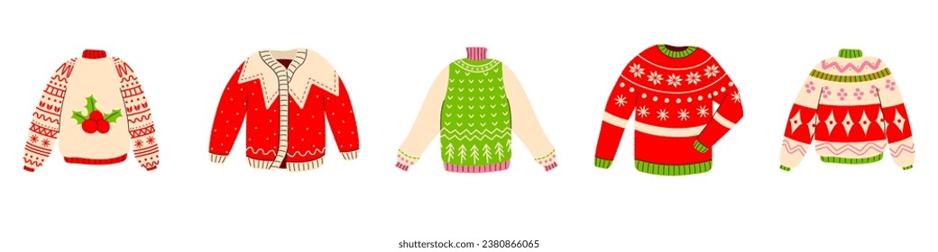 Christmas ugly sweater party. Cozy knitted jumper for winter holiday. Hand drawn vector set with texture and fur lines.