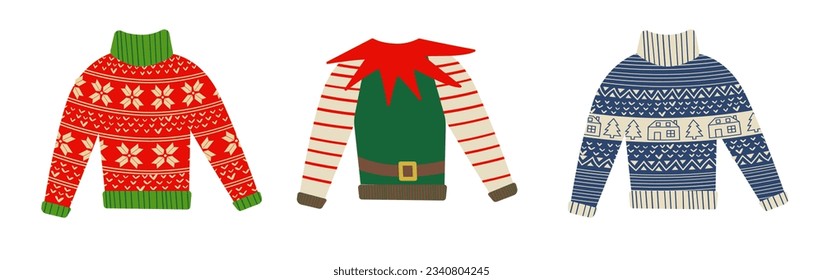 Christmas ugly sweater party, decoration for Christmasm, set of vector ugly sweater party