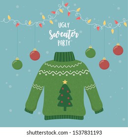 christmas ugly sweater party hanging balls lights vector illustration