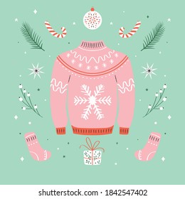 Christmas ugly sweater pattern. Woolen winter clothes and traditional festive elements and decoration. Flat vector colorful illustration.