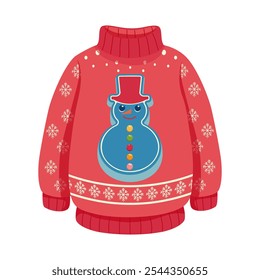 Suéter feio de Natal em rosa com boneco de neve e ornamento floco de neve. Ilustração divertida do vetor da roupa do feriado, ideal para o design festivo do inverno e tema sazonal.