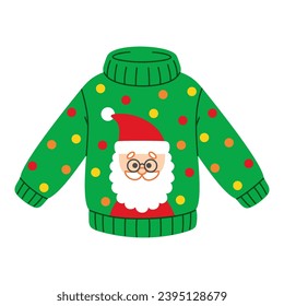 Christmas ugly sweater with Santa Claus. New Year funny jumper in cartoon flat style. Isolated festive winter clothes vector illustration on a white background. Perfect for holiday design.