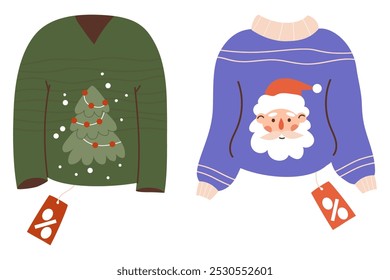 Christmas ugly sweater with Santa Claus and Xmas tree with price tags. New Year shopping sale. Isolated festive clothes on white. Vector illustration. Holiday gift symbol