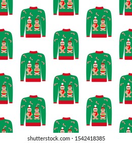 Christmas ugly sweater seamless pattern on the white background. Vector illustration