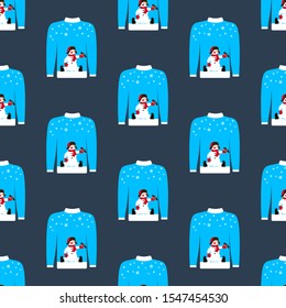 Christmas ugly sweater seamless pattern on the blue background. Vector illustration