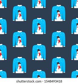 Christmas ugly sweater seamless pattern on the blue background. Vector illustration