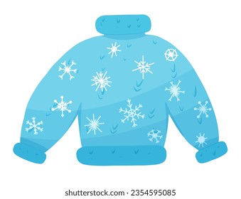 Christmas ugly sweater with snowflakes in blue color. Vector hand drawn illustration