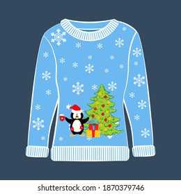 Christmas ugly sweater vector illustration on the blue background.