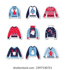 Christmas ugly sweaters collection stickers. Xmas and New Year vector flat illustration set. Minimalistic cute holiday elements and symbols. Cozy winter concept.