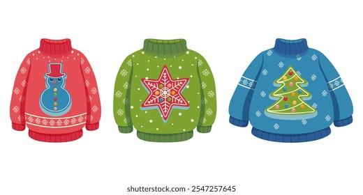 Christmas ugly sweaters with colorful designs of Santa Claus, snowman, star, and Christmas tree. Illustrated on a white background. Ideal for winter holiday fashion and seasonal celebration.