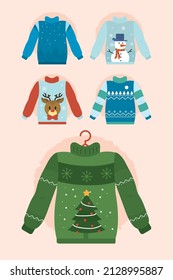 christmas ugly sweaters set on pink background