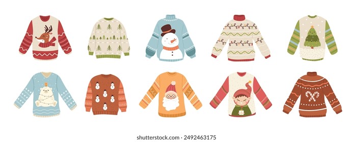 Christmas ugly sweaters. Winter holiday party sweater or jumper for family and friends. Funny xmas outfit, crazy home knit clothes snugly vector set