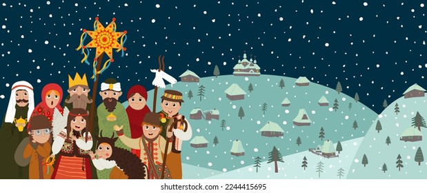 Weihnachten in der Ukraine. Kinder gratulieren Frohe Weihnachten im Winterdorf. Vektorgrafik. Handgezeichnete Illustration.