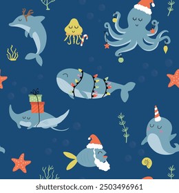 Christmas under the sea seamless pattern. Cute whale, octopus, dolphin, fish, jellyfish and narwhal in Christmas costume.