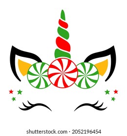 Christmas unicorn face. Candy Cane Unicorn. Christmas Vector. Cartoon unicorn head.