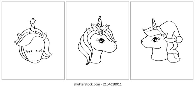 Christmas unicorn face coloring page. Set of 3 pages for a coloring book. Cute animal vector illustration in black and white. Outlines of animals for coloring pages for girls and boys. 
