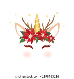 Christmas unicorn face. Cute unicorn character vector graphic design for Christmas. Cartoon reindeer unicorn head with poinsettia flower, holly crown and antlers. Christmas holiday card. 