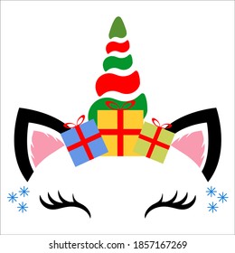 Christmas unicorn, unicorn face with Christmas gifts, cute unicorn eyes.Unicorn head on a white background.