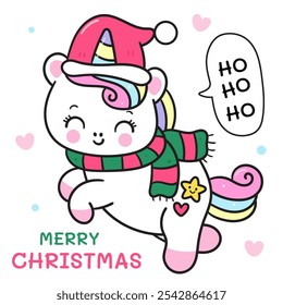 Christmas unicorn fantasy festive kawaii animals fairytale vector (whimsical characters). Happy new year greeting card. Holiday cartoon xmas kids winter season. Flat illustration for clipart, postcard