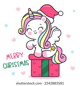 Christmas unicorn fantasy festive on gift box kawaii animals fairytale vector (whimsical characters). Happy new year greeting card. Holiday cartoon xmas kids winter season. Flat illustration.