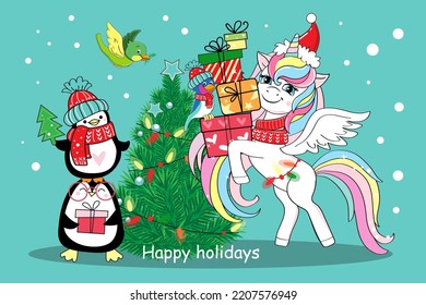 Christmas unicorn and penguins with presents. Christmas and New Years postcard. Vector cartoon illustration