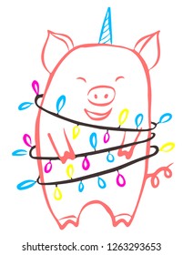 Christmas unicorn pig entangled in Christmas garland. Vector illustration.