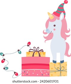 Unicornio De Navidad Con Ilustración De Vectores Presente
