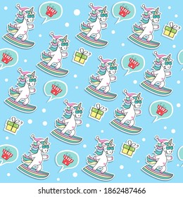 Christmas unicorns and present box on a blue background seamless pattern. Cute animals vector illustration