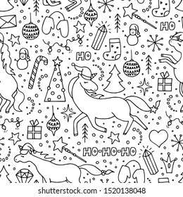 Christmas unicorns seamless pattern. Drawn unicorns and other Christmas symbols on white background. Black and white vector illustration.