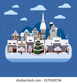 Christmas urban night winter city street with old town houses and trees. Landscape with Christmas tree. Vector illustration isolated flat cartoon style