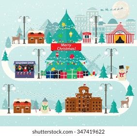 Christmas urban and rural landscape in flat design. City winter life with modern icons of urban and suburban buildings.  New Year tree, amusement park, souvenir shop