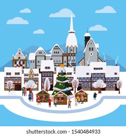 Christmas urban winter city street with old town houses and trees. Landscape with people Christmas tree souvenirs market stalls. Vector illustration isolated flat cartoon style