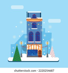 Christmas urban winter landscape in a flat style on a blue background. Landscape, nature, house, lanterns, Christmas trees, snowflakes, vector illustration.