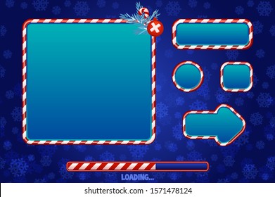 Christmas user interface and elements for game or web design. Buttons, boards and frame in red and blue. Game loading UI. Objects on a separate layer.