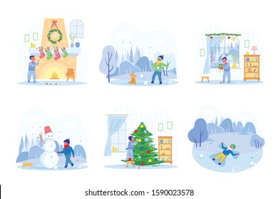 Christmas Vacation Fun and Joy with Child Cartoon Character Performing Diverse Indoor and Outdoor Activity. Wintertime or Xmas Holidays Leisure and Recreation. Flat vector Illustrations Set Isolated.