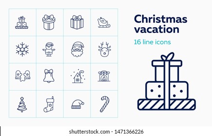 Christmas vacation line icon set. Home, mittens, Santa Claus. Celebration concept. Can be used for topics like Xmas eve, home party, giving gifts