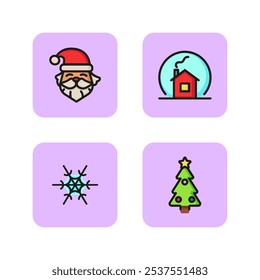 Christmas vacation line icon set. Smiling Santa Claus, snow globe, creative Christmas snowflake, Christmas tree. Holiday concept. Vector illustration can be used for celebration, winter, decoration