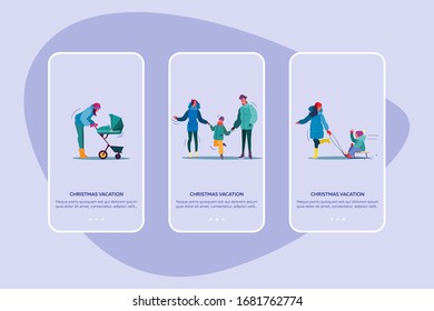 Christmas vacation set. Families and kids enjoying outdoor activities, country winter landscape. Flat vector illustrations. New year, countryside concept for banner, website design or landing web page