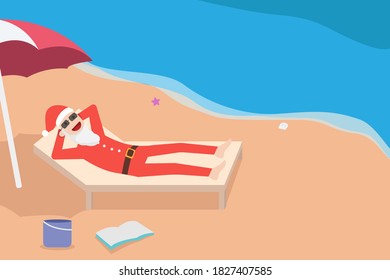 Christmas vacation vector concept: Santa claus relaxing on the beach while wearing sunglasses and santa hat 