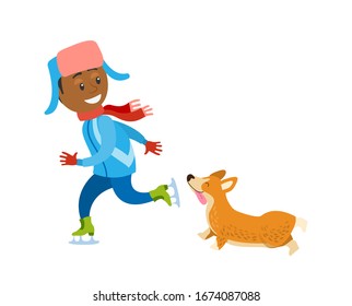 Christmas vacations, winter holidays of boy kid vector. Male person skating on ice rink, dog pet following owner. Canine animal with fur with child