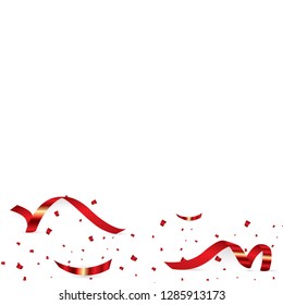Christmas, Valentine s Day red confetti with ribbon on a white background. Falling shiny confetti glitters. Holiday Party Design Elements.