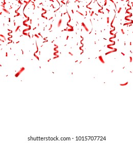 Christmas, Valentine's day red confetti with ribbon on transparent background. Falling shiny confetti glitters. Festive party design elements.