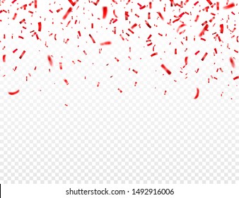 Christmas, Valentines day red confetti on transparent background. Falling shiny glitter. Festive party design elements.