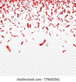 Christmas, Valentines day red confetti on transparent background. Falling shiny confetti glitters. Festive party design elements.