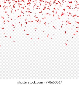 Christmas, Valentines day red confetti on transparent background. Falling shiny confetti glitters. Festive party design elements.