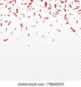 Christmas, Valentines day red confetti on transparent background. Falling shiny confetti glitters. Festive party design elements.