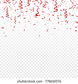 Christmas, Valentines day red confetti with ribbons on transparent background. Falling shiny confetti glitters. Festive party design elements.