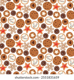 Christmas various cookies seamless pattern. Holiday traditional bakery food background. Flat vector illustration