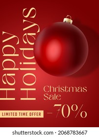 Christmas Vector Advertising Card or Poster. Season Promo Background with Realistic Red Bauble and Sale Text Copy Space. New Year Winter Holidays Discount Social Media Networks Decoration Template.