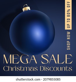 Christmas Vector Advertising Social Media Post Card or Poster. Season Promo Background with Realistic Blue Bauble and Sale Text Copy Space. New Year Winter Holidays Discount Social Networks Template.